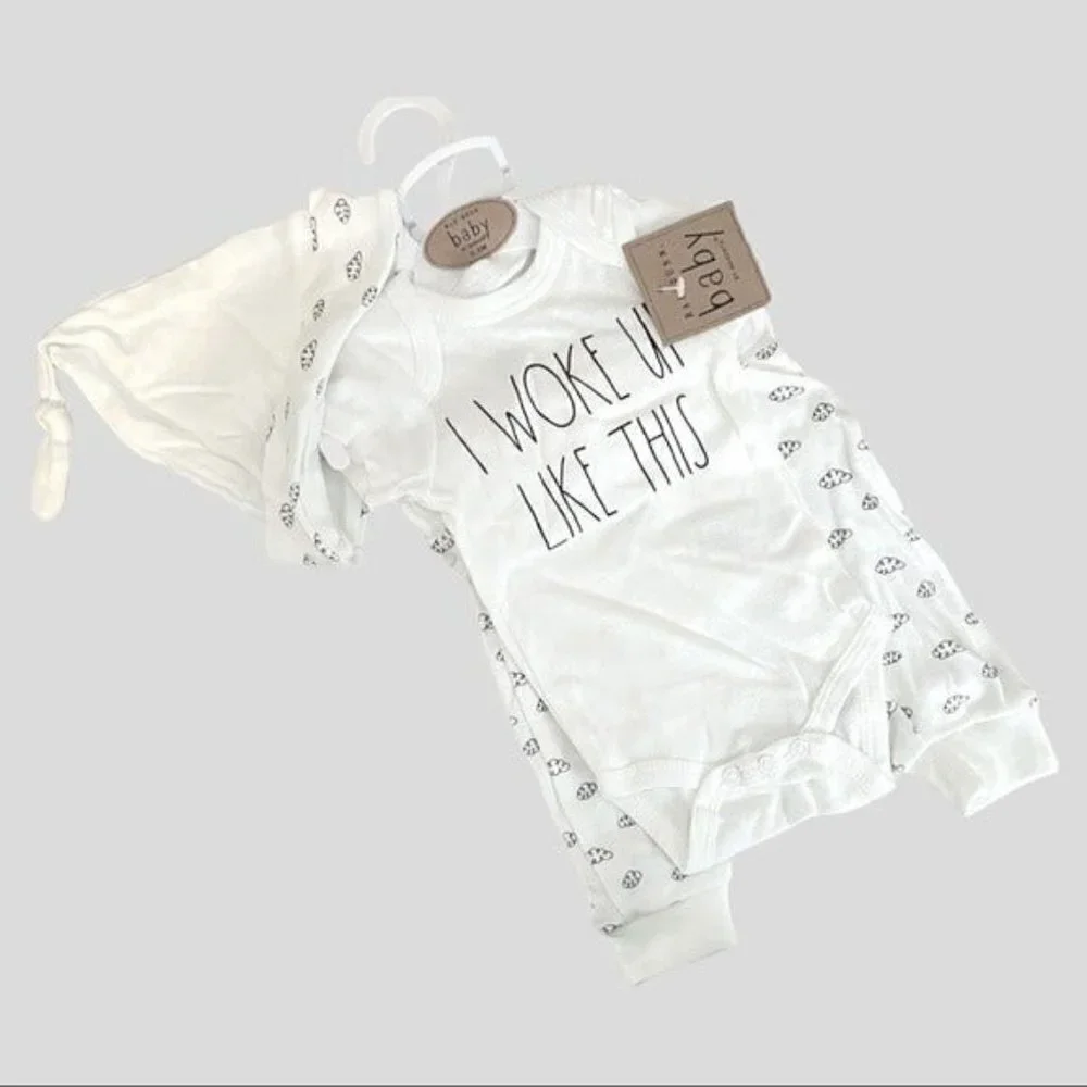 🌺 Rae Dunn Baby White Adorable I Woke Up Like This Outfit + Hat 3-6 Months NWT